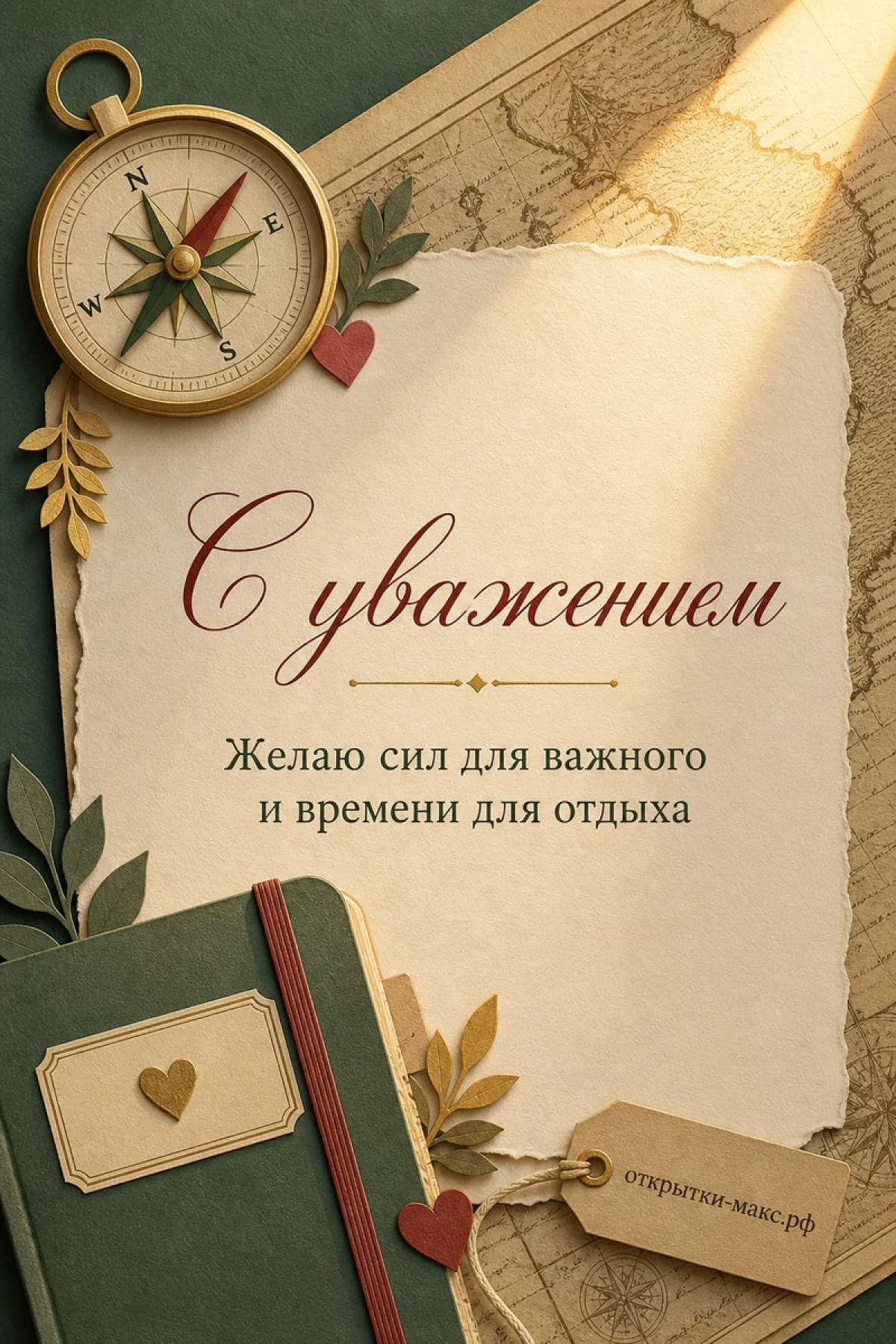 Светлый стол, улыбчивый рисунок на карточке и букетик рядом