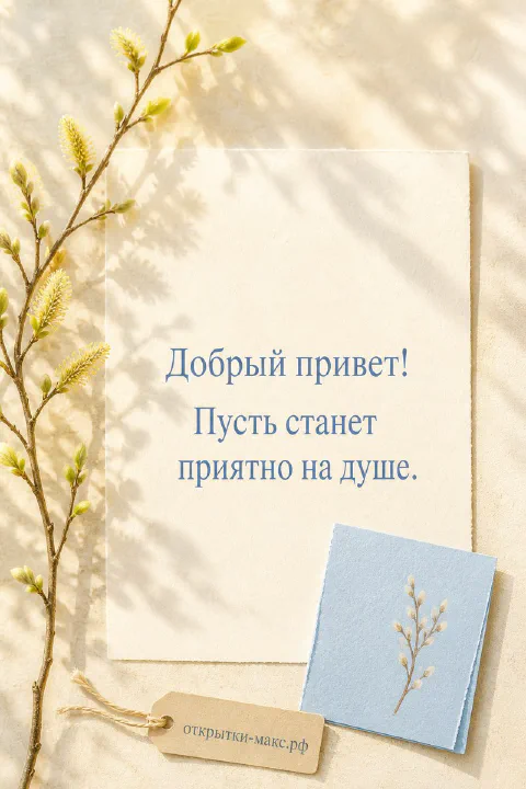 Светлый стол, улыбчивый рисунок на карточке и букетик рядом