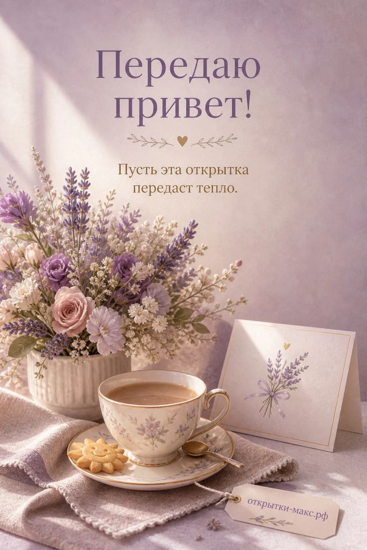 Светлый стол, улыбчивый рисунок на карточке и букетик рядом