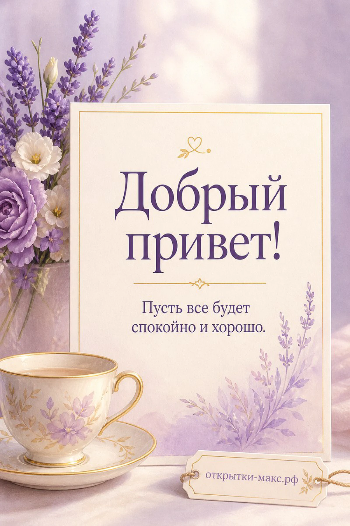 Светлый стол, улыбчивый рисунок на карточке и букетик рядом