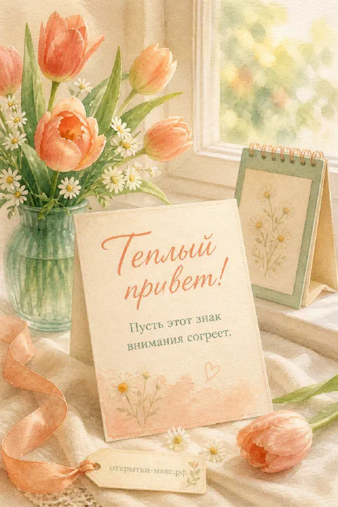 Светлый стол, улыбчивый рисунок на карточке и букетик рядом