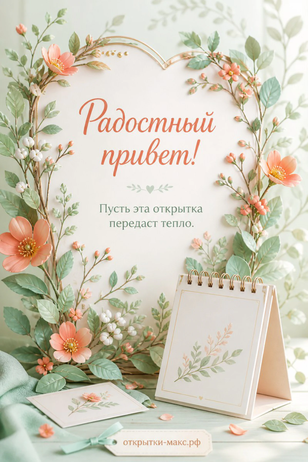 Светлый стол, улыбчивый рисунок на карточке и букетик рядом