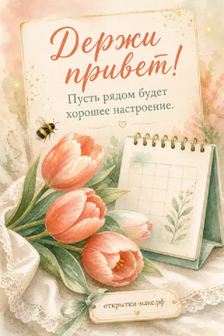 Светлый стол, улыбчивый рисунок на карточке и букетик рядом