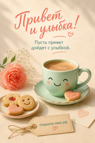 Светлый стол, улыбчивый рисунок на карточке и букетик рядом