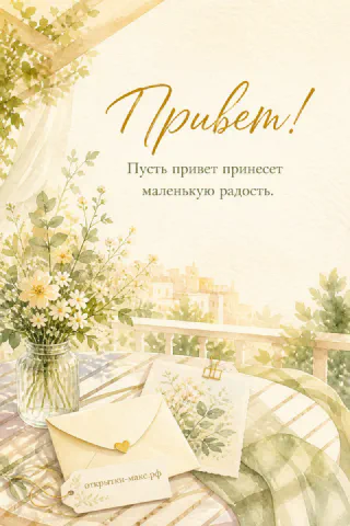 Светлый стол, улыбчивый рисунок на карточке и букетик рядом