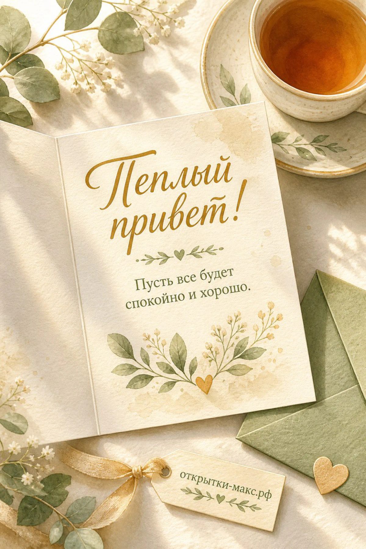 Светлый стол, улыбчивый рисунок на карточке и букетик рядом