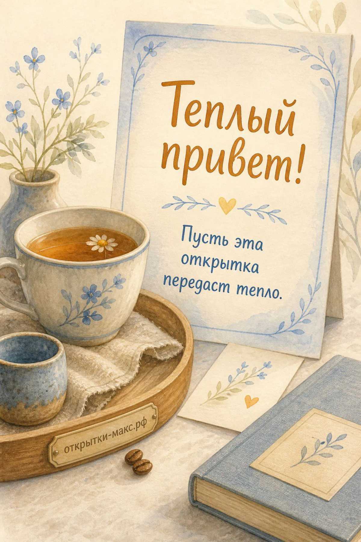 Чайный сервиз с голубыми цветами на деревянном подносе рядом с книгой, надпись Тёплый привет