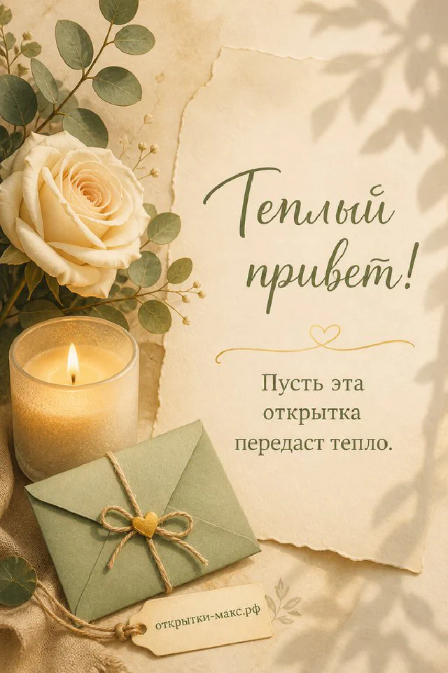 Чайный сервиз с голубыми цветами на деревянном подносе рядом с книгой, надпись Тёплый привет — вариант 2