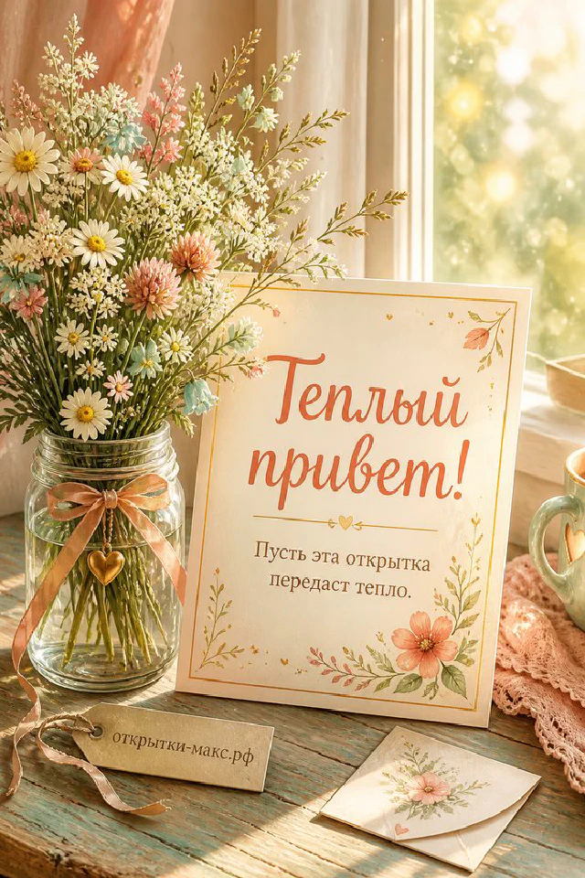 Чайный сервиз с голубыми цветами на деревянном подносе рядом с книгой, надпись Тёплый привет — вариант 4