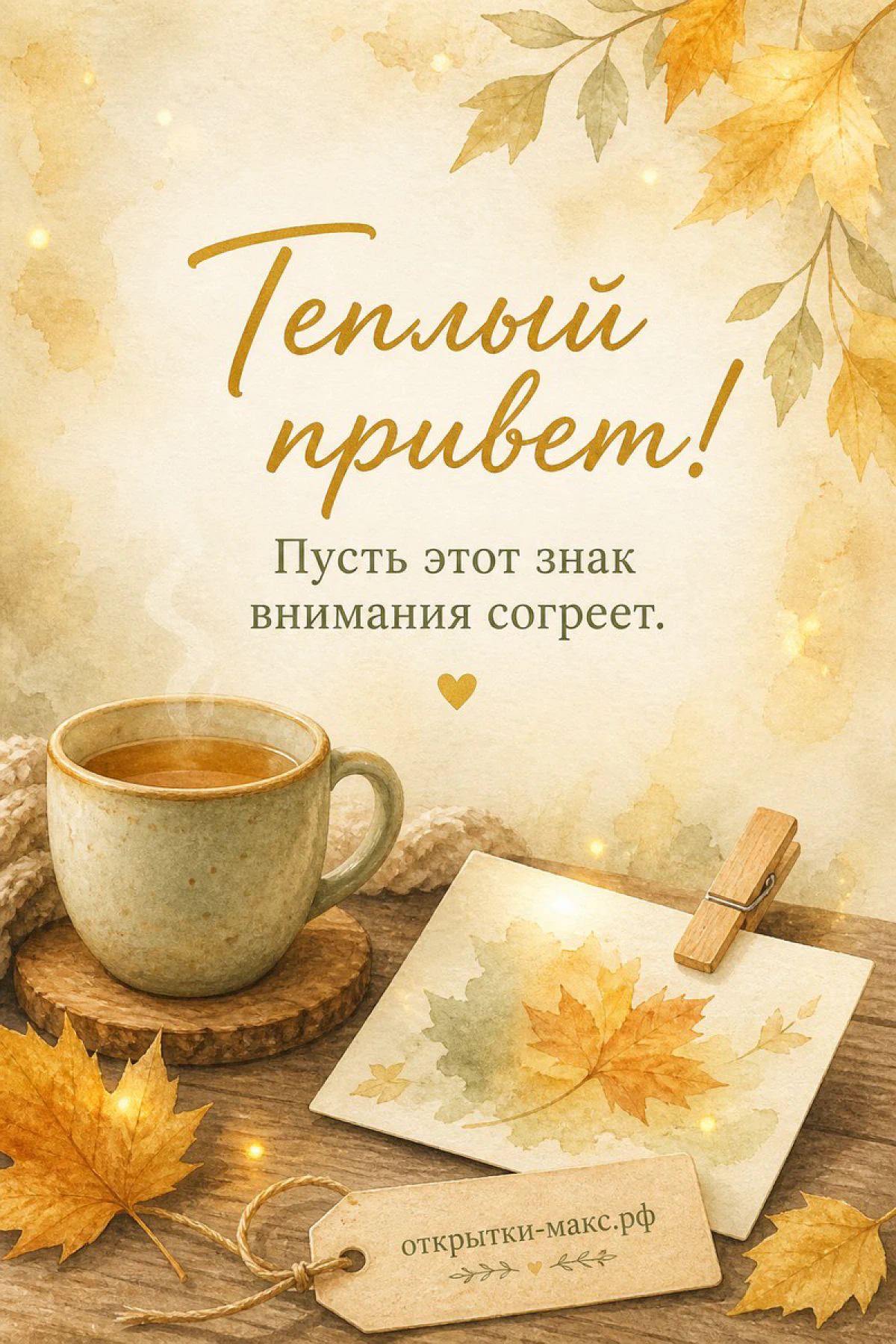 Кружка кофе на деревянном столе с жёлтыми листьями и карточкой на прищепке, надпись Тёплый привет