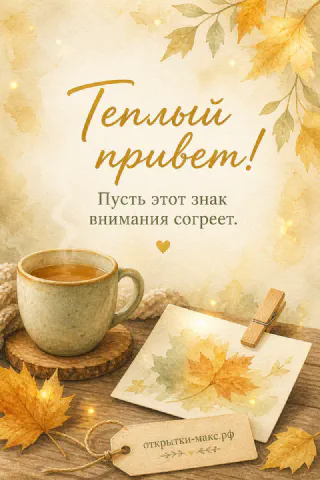 Кружка кофе на деревянном столе с жёлтыми листьями и карточкой на прищепке, надпись Тёплый привет