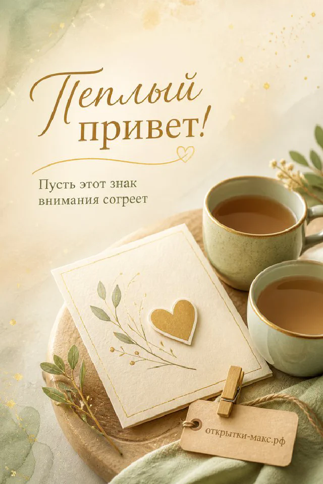 Кружка кофе на деревянном столе с жёлтыми листьями и карточкой на прищепке, надпись Тёплый привет — вариант 2