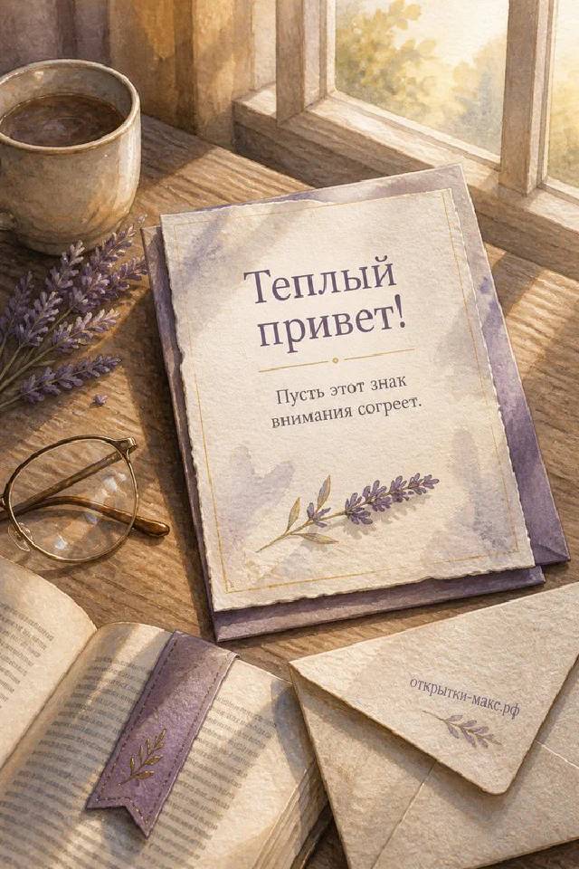 Кружка кофе на деревянном столе с жёлтыми листьями и карточкой на прищепке, надпись Тёплый привет — вариант 4