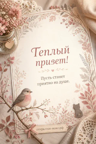 Маленькая птичка на ветке с розовыми цветами и листьями, надпись Тёплый привет на открытке