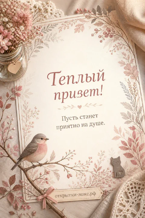 Маленькая птичка на ветке с розовыми цветами и листьями, надпись Тёплый привет на открытке