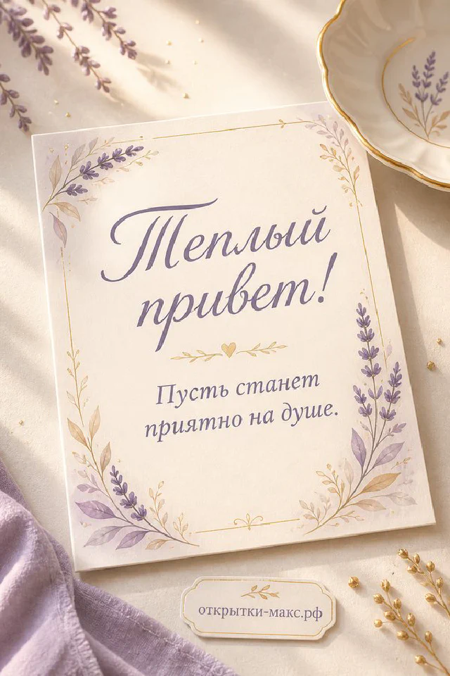 Маленькая птичка на ветке с розовыми цветами и листьями, надпись Тёплый привет на открытке — вариант 3