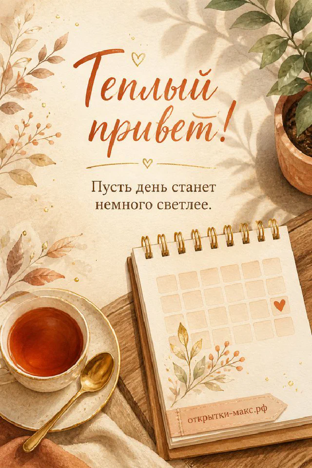Горящая свеча на вязаном зелёном шарфе с жёлтым листом и карточкой, надпись Тёплый привет — вариант 4