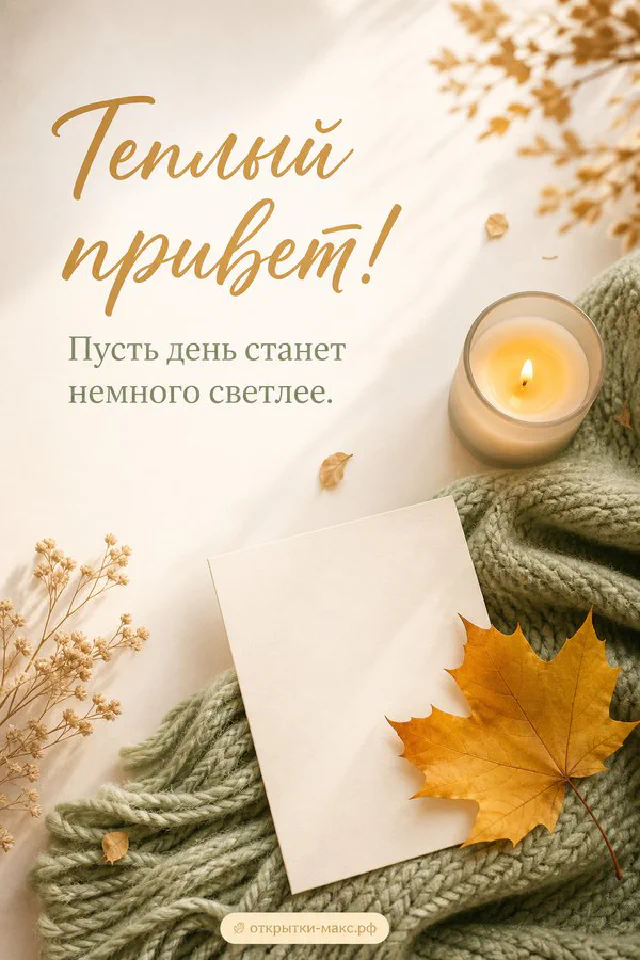Горящая свеча на вязаном зелёном шарфе с жёлтым листом и карточкой, надпись Тёплый привет — вариант 5