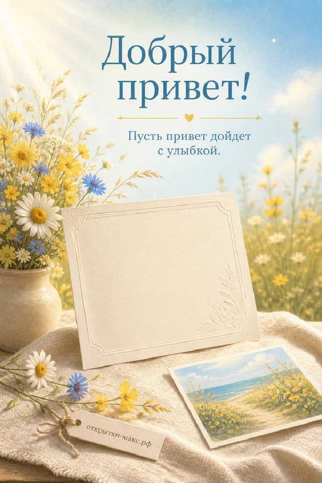 Открытка «Добрый привет» с фиолетовыми и белыми тюльпанами и лавандовым конвертом — вариант 2