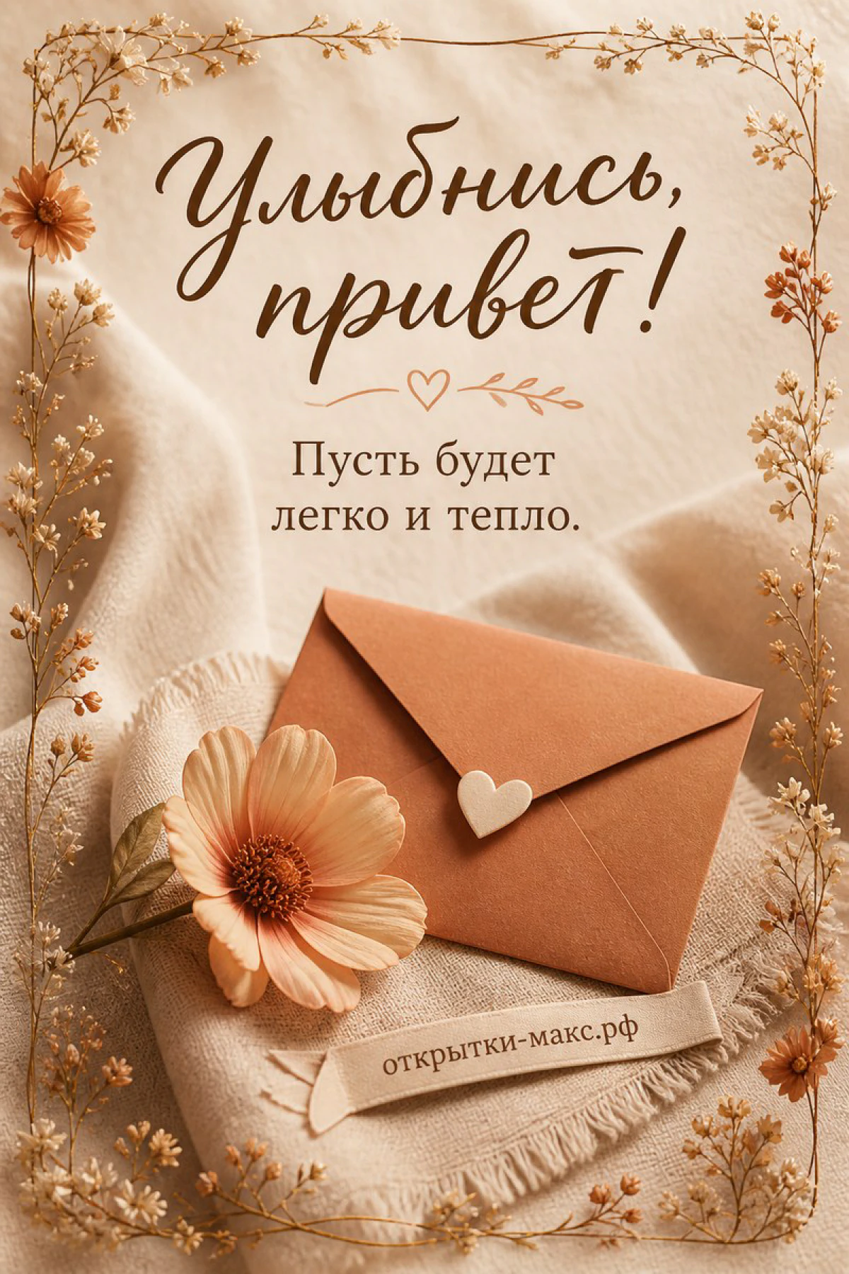 Коричневый конверт с деревянным сердечком и персиковым цветком на льняной ткани, надпись Улыбнись привет