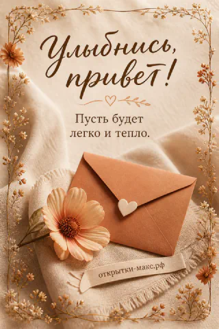 Коричневый конверт с деревянным сердечком и персиковым цветком на льняной ткани, надпись Улыбнись привет