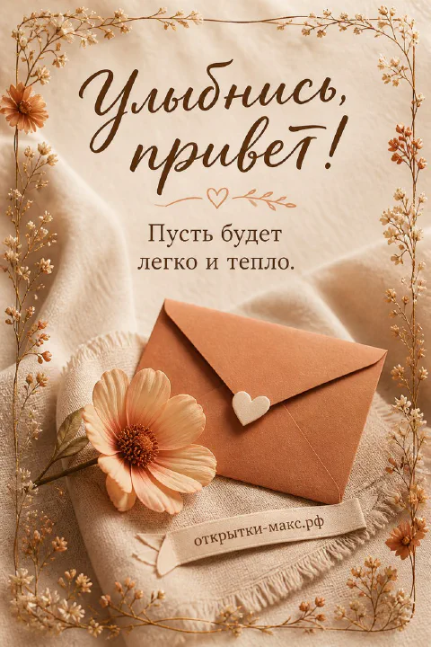 Коричневый конверт с деревянным сердечком и персиковым цветком на льняной ткани, надпись Улыбнись привет