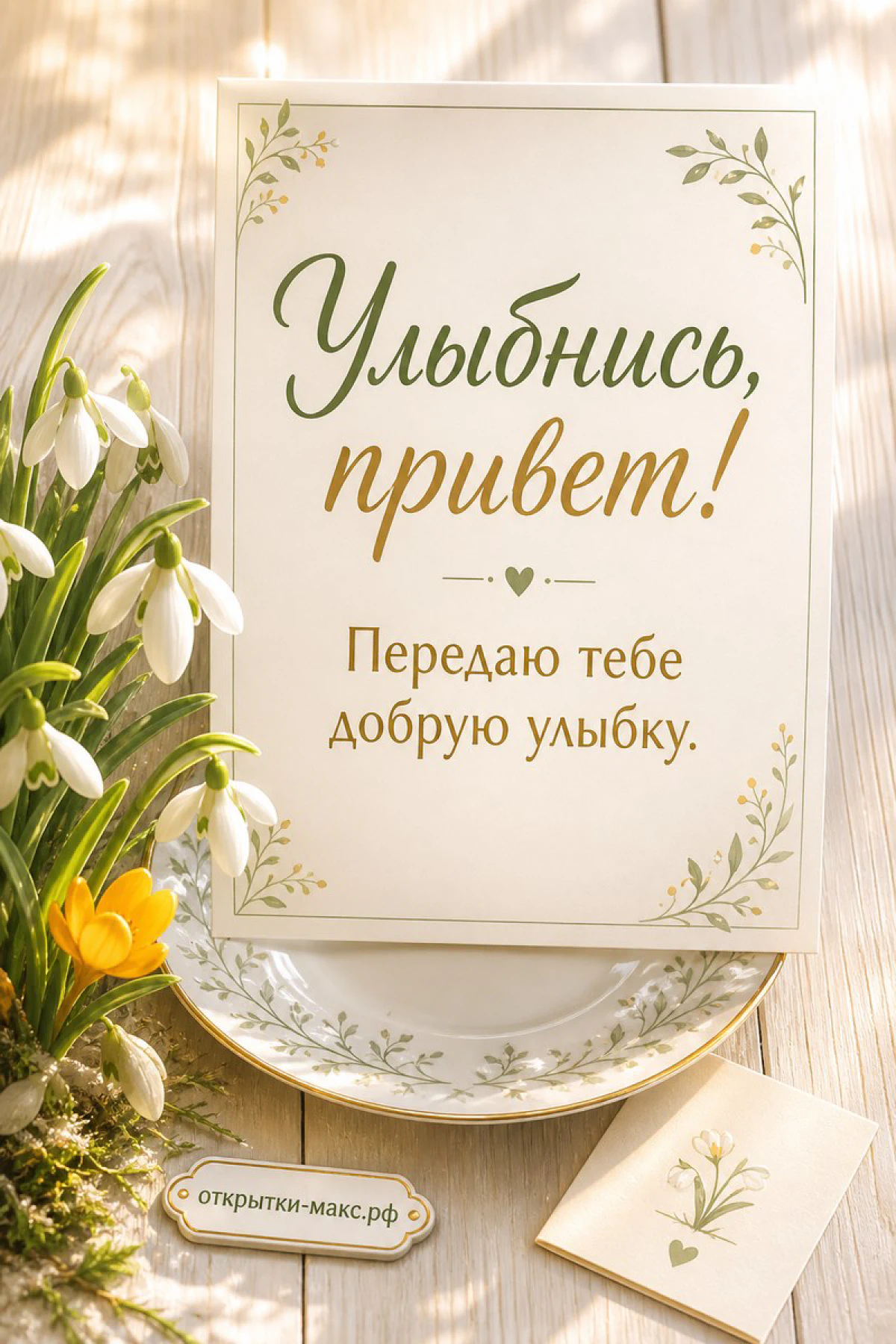 Открытка Улыбнись привет на белой тарелке с подснежниками и жёлтыми крокусами