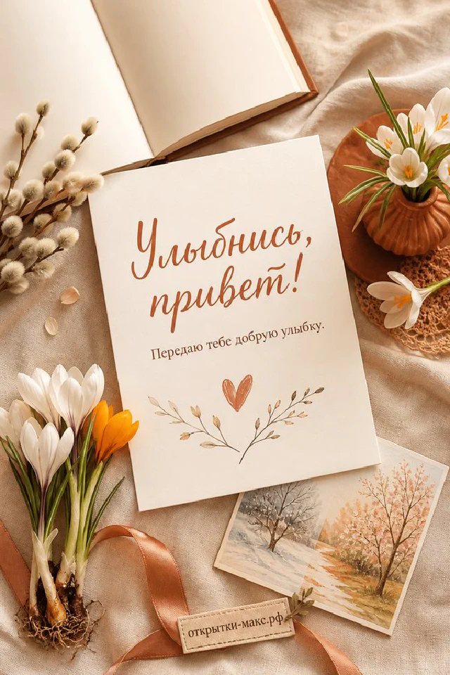 Открытка Улыбнись привет на белой тарелке с подснежниками и жёлтыми крокусами — вариант 2
