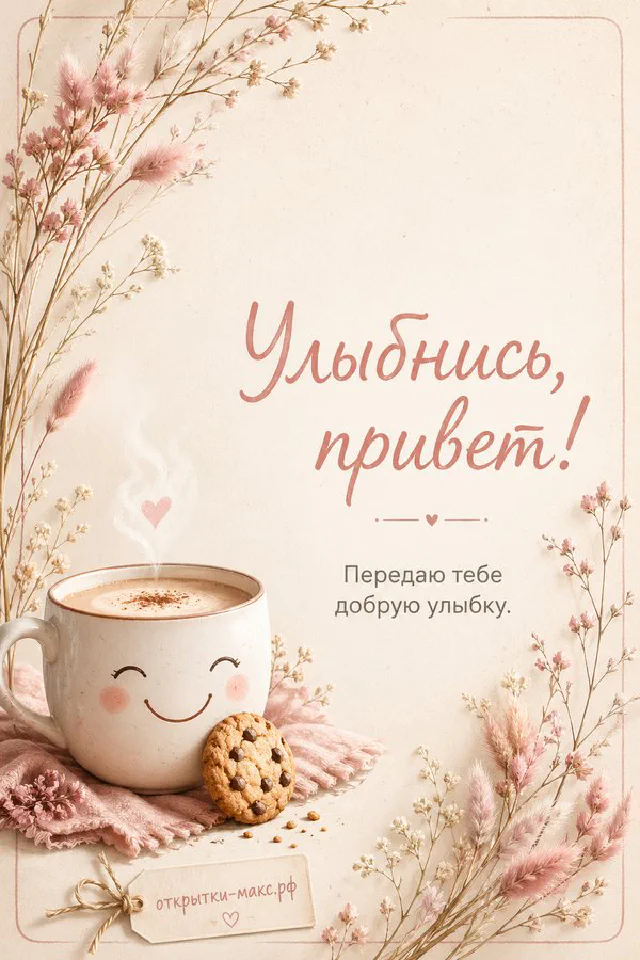 Открытка Улыбнись привет на белой тарелке с подснежниками и жёлтыми крокусами — вариант 3