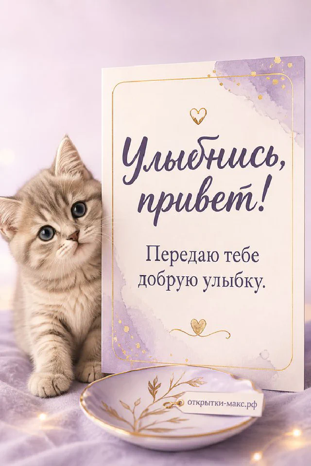 Открытка Улыбнись привет на белой тарелке с подснежниками и жёлтыми крокусами — вариант 5