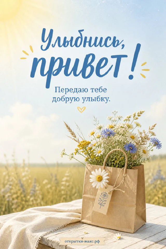 Открытка Улыбнись привет на белой тарелке с подснежниками и жёлтыми крокусами — вариант 7