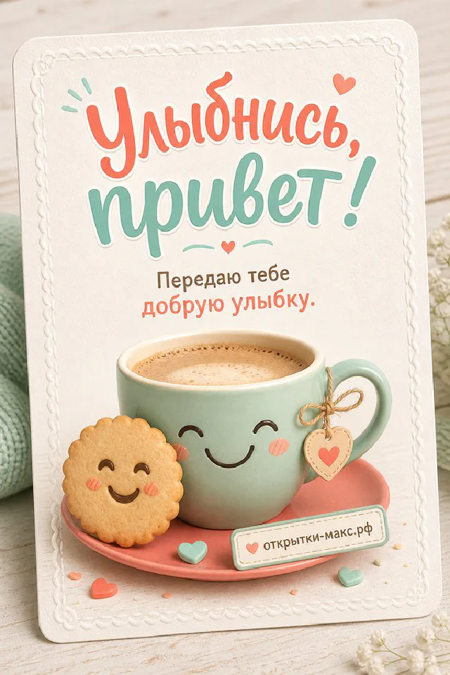 Открытка Улыбнись привет на белой тарелке с подснежниками и жёлтыми крокусами — вариант 8