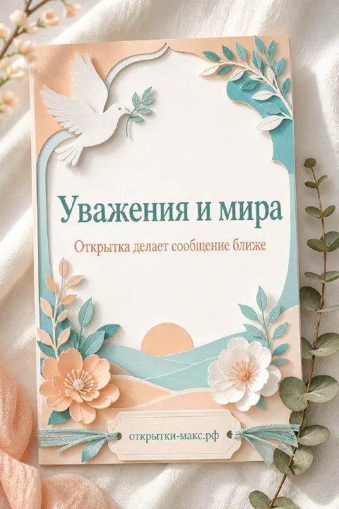 Белый голубь над бирюзово-персиковой открыткой с бумажными цветами и надписью Уважения и мира