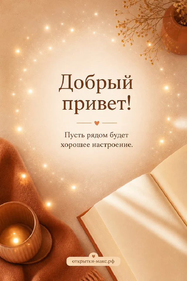 Открытка «Добрый привет» с венком из сухоцветов, пампасной травы и мерцающих огоньков — вариант 2