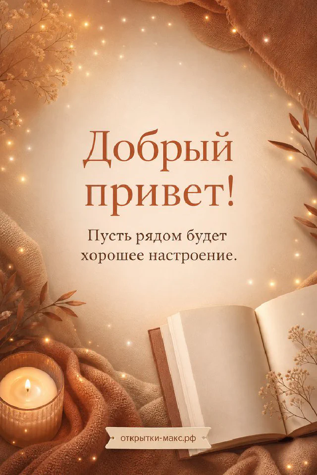 Открытка «Добрый привет» с венком из сухоцветов, пампасной травы и мерцающих огоньков — вариант 3