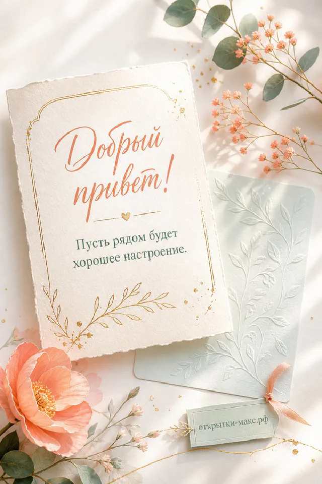 Открытка «Добрый привет» с венком из сухоцветов, пампасной травы и мерцающих огоньков — вариант 5