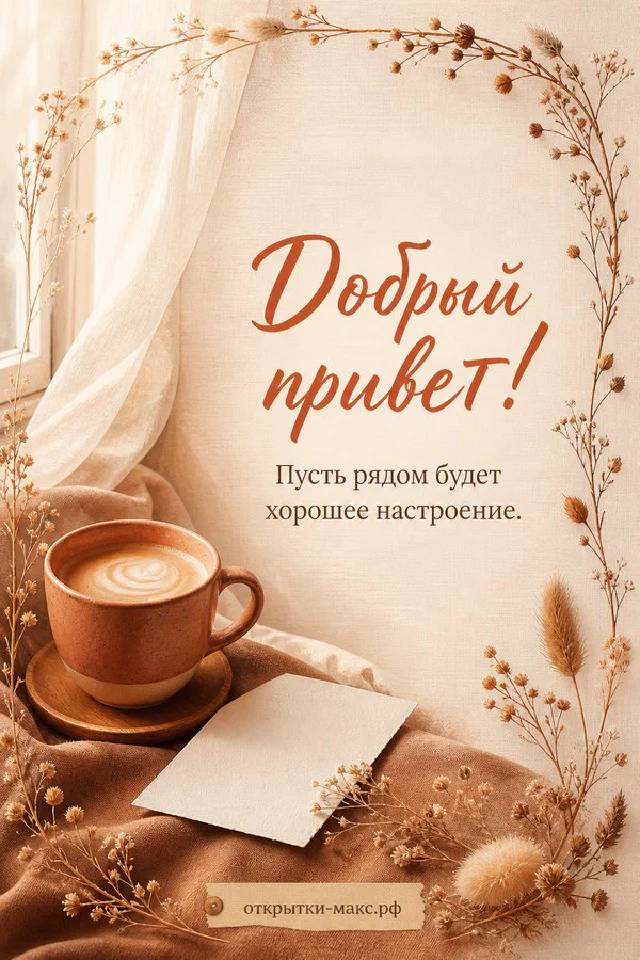 Открытка «Добрый привет» с венком из сухоцветов, пампасной травы и мерцающих огоньков — вариант 6