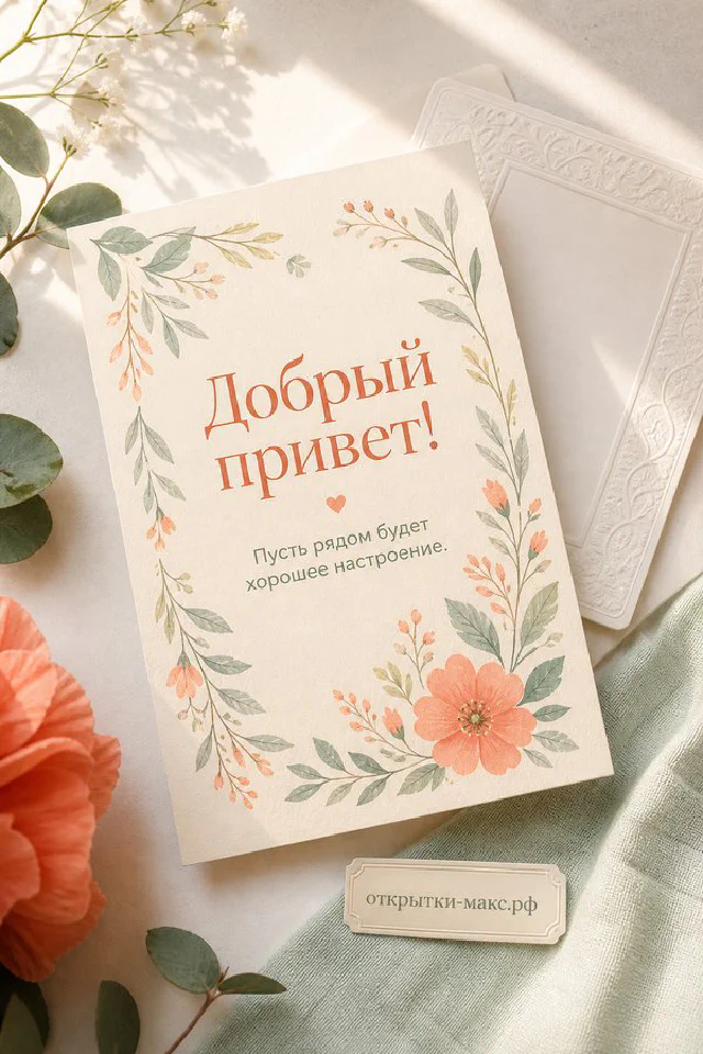 Открытка «Добрый привет» с венком из сухоцветов, пампасной травы и мерцающих огоньков — вариант 7