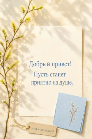 Открытка «Добрый привет» с веткой вербы и маленькой голубой карточкой с серёжками