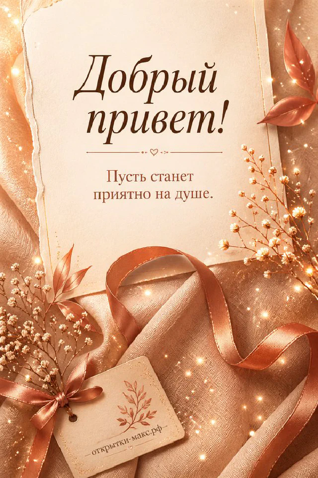 Открытка «Добрый привет» с веткой вербы и маленькой голубой карточкой с серёжками — вариант 2