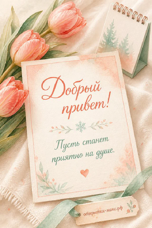 Открытка «Добрый привет» с веткой вербы и маленькой голубой карточкой с серёжками — вариант 4