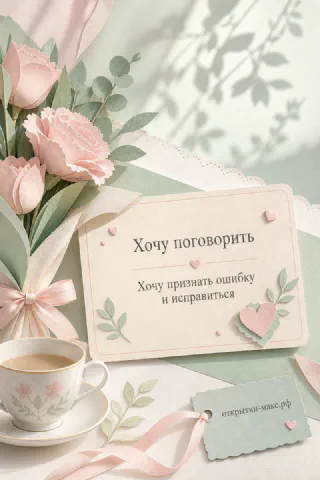 Нежная открытка «Хочу поговорить» с карточкой и сердечками рядом с розовыми цветами и чашкой кофе