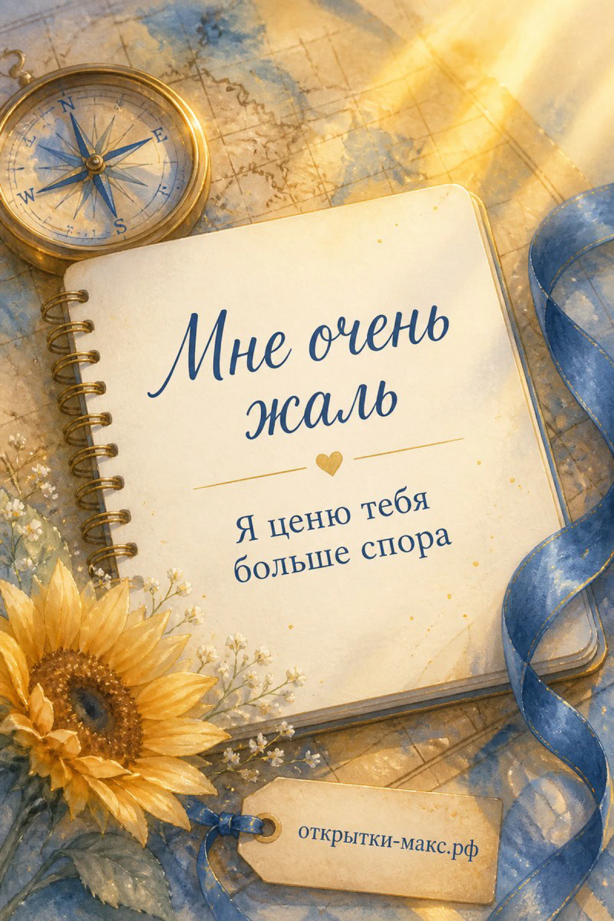 Блокнот на пружине с надписью «Мне очень жаль» и сердечком рядом с компасом, подсолнухом и синей лентой