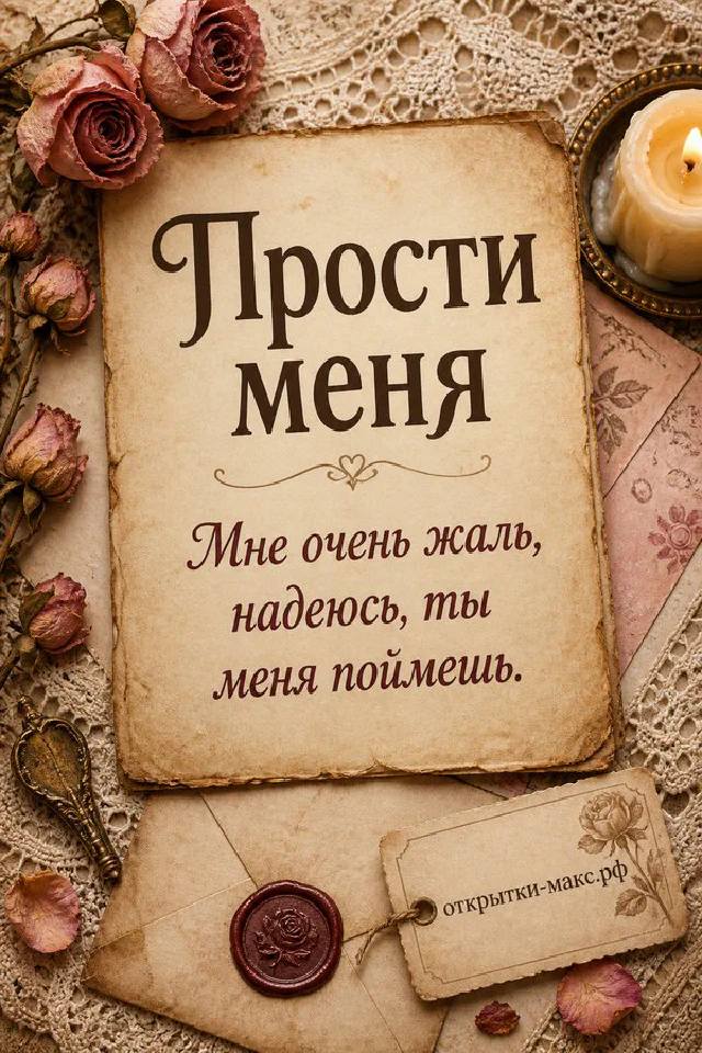 Старинная бумага с надписью Прости меня на фоне конверта, свечи и сухой розы в тёмно-розовых тонах — вариант 2