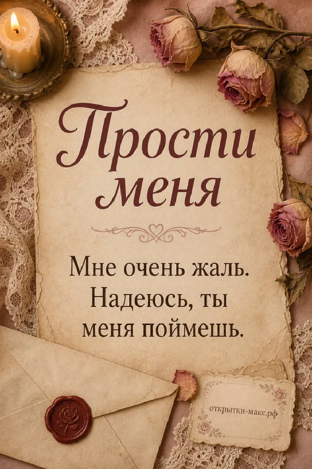 Старинная бумага с надписью Прости меня на фоне конверта, свечи и сухой розы в тёмно-розовых тонах — вариант 3