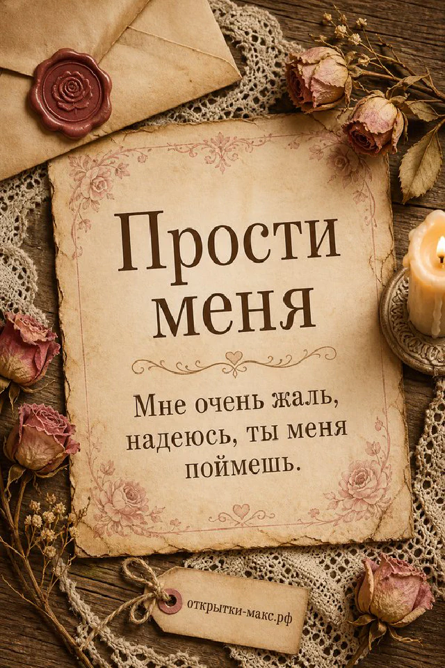 Старинная бумага с надписью Прости меня на фоне конверта, свечи и сухой розы в тёмно-розовых тонах — вариант 4