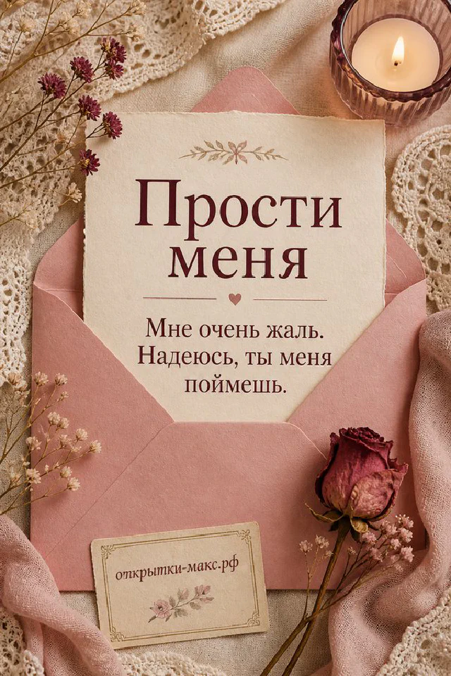 Старинная бумага с надписью Прости меня на фоне конверта, свечи и сухой розы в тёмно-розовых тонах — вариант 5