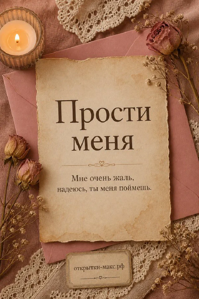 Старинная бумага с надписью Прости меня на фоне конверта, свечи и сухой розы в тёмно-розовых тонах — вариант 6