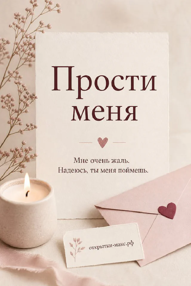 Старинная бумага с надписью Прости меня на фоне конверта, свечи и сухой розы в тёмно-розовых тонах — вариант 7