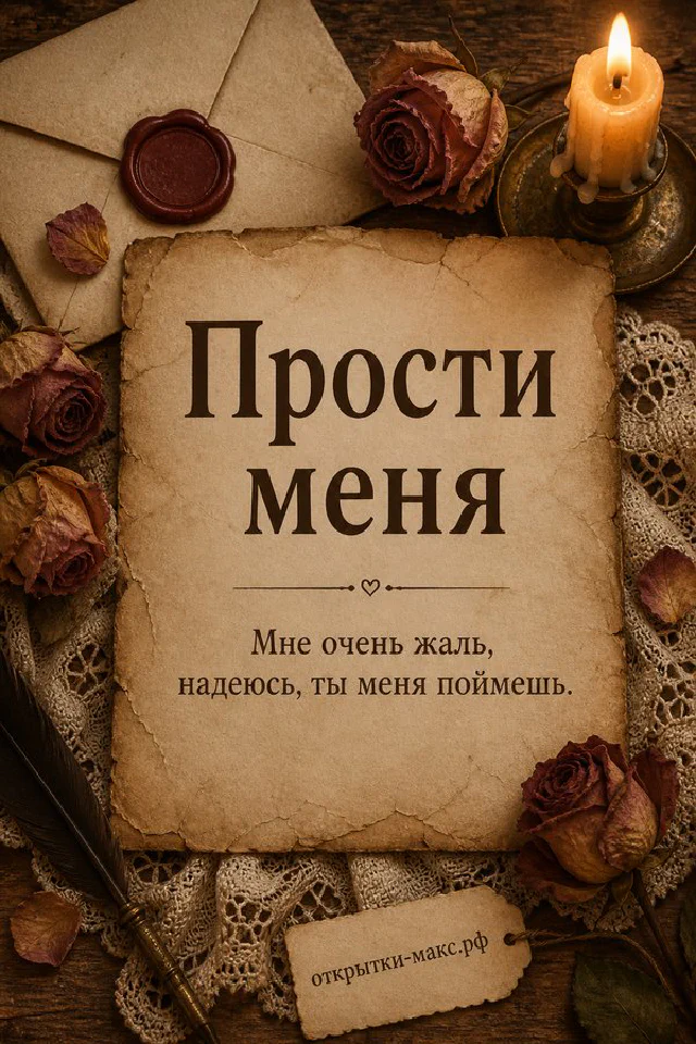 Старинная бумага с надписью Прости меня на фоне конверта, свечи и сухой розы в тёмно-розовых тонах — вариант 8